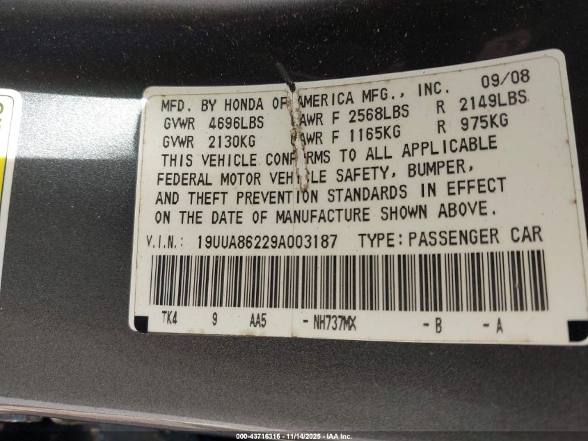 2009 Acura Tl 3.5 VIN: 19UUA86229A003187 Lot: 43716316