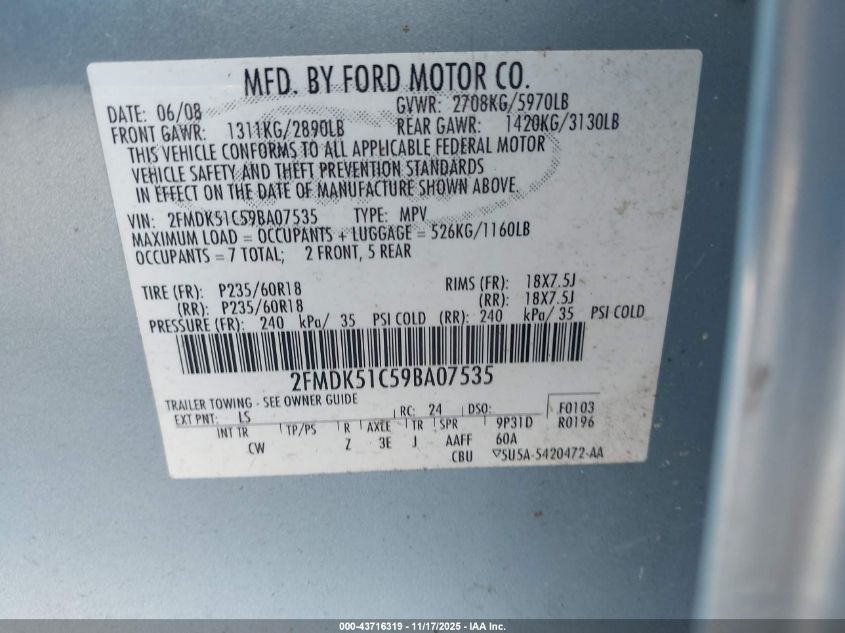 2009 Ford Flex Se VIN: 2FMDK51C59BA07535 Lot: 43716319