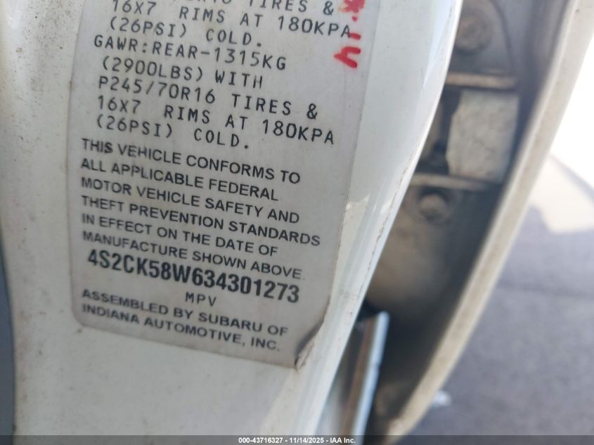 2003 Isuzu Rodeo S 3.2L V6 VIN: 4S2CK58W634301273 Lot: 43716327