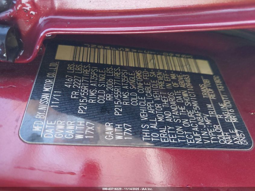 2012 Nissan Juke Sl VIN: JN8AF5MV1CT109483 Lot: 43716329