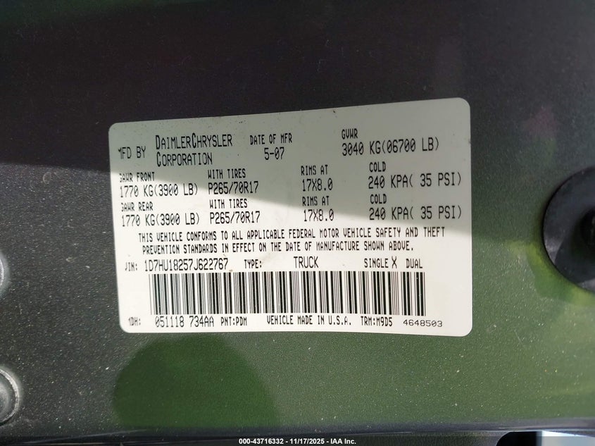 2007 Dodge Ram 1500 Slt/Trx4 Off Road/Sport VIN: 1D7HU18257J622767 Lot: 43716332
