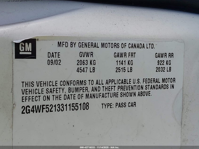 2003 Buick Regal Gs VIN: 2G4WF521331155108 Lot: 43716333