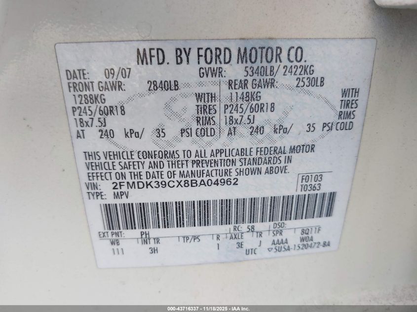 2008 Ford Edge Limited VIN: 2FMDK39CX8BA04962 Lot: 43716337