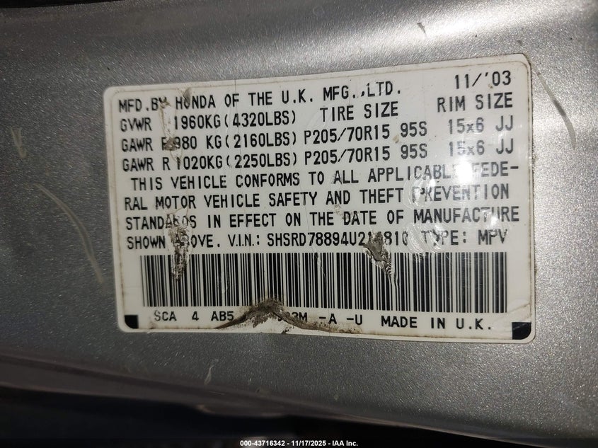 2004 Honda Cr-V Ex VIN: SHSRD78894U214810 Lot: 43716342