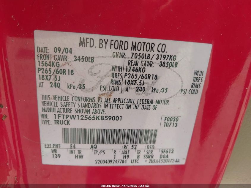 2005 Ford F-150 Lariat/Xlt VIN: 1FTPW12565KB59001 Lot: 43716352