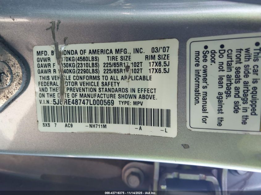 2007 Honda Cr-V Ex-L VIN: 5J6RE48747L000569 Lot: 43716375