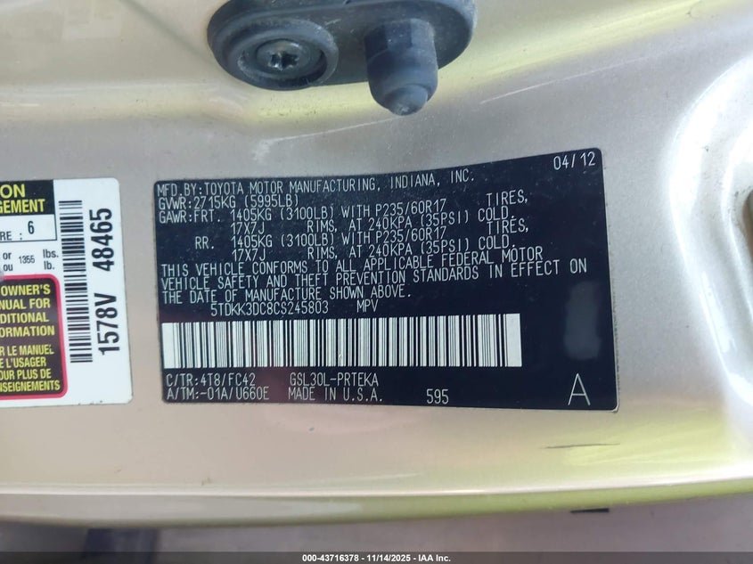5TDKK3DC8CS245803 2012 TOYOTA SIENNA photo no. 9