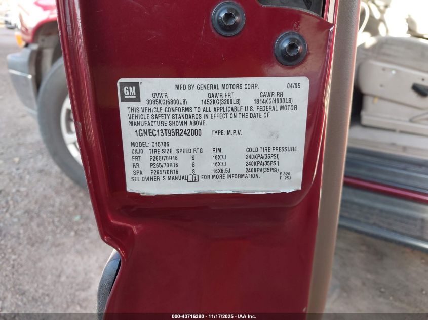 2005 Chevrolet Tahoe Ls VIN: 1GNEC13T95R242000 Lot: 43716380