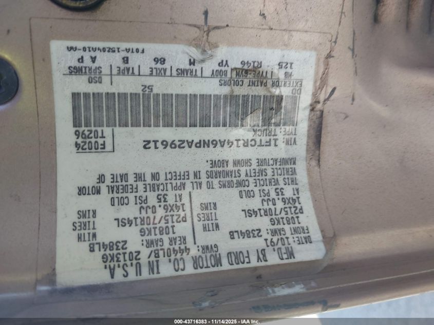 1992 Ford Ranger Super Cab VIN: 1FTCR14A6NPA29612 Lot: 43716383