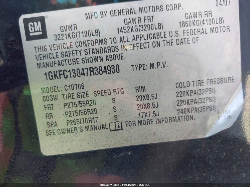 2007 GMC Yukon Slt VIN: 1GKFC13047R384930 Lot: 43716393