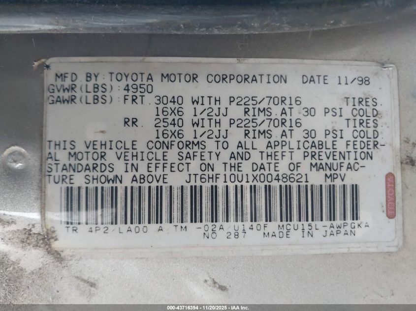 1999 Lexus Rx 300 VIN: JT6HF10U1X0048621 Lot: 43716394