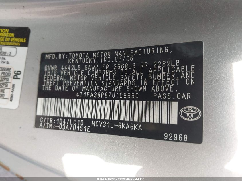 2007 Toyota Camry Solara Sle VIN: 4T1FA38P87U108990 Lot: 43716395