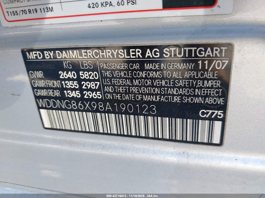 2008 Mercedes-Benz S 550 4Matic VIN: WDDNG86X98A190123 Lot: 43716413
