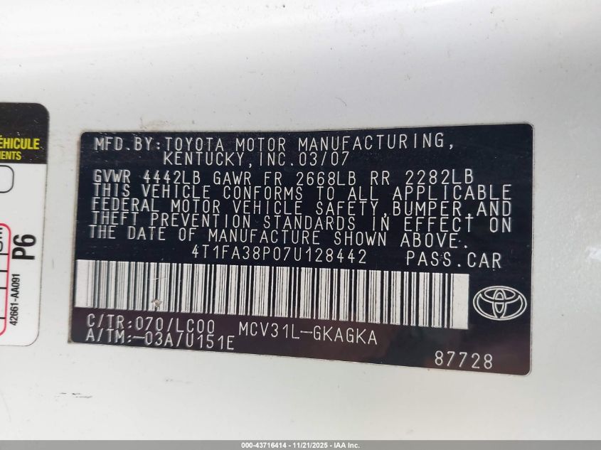 2007 Toyota Camry Solara Sle VIN: 4T1FA38P07U128442 Lot: 43716414