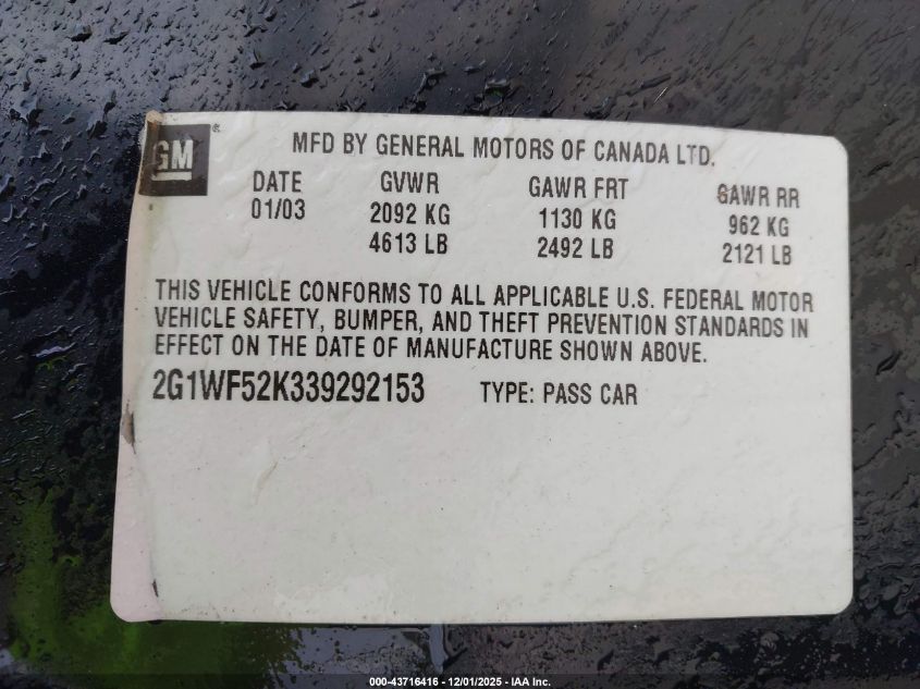 2003 Chevrolet Impala VIN: 2G1WF52K339292153 Lot: 43716416