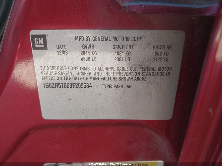 2009 Saturn Aura Green Line Hybrid VIN: 1G8ZR57569F209534 Lot: 43716420