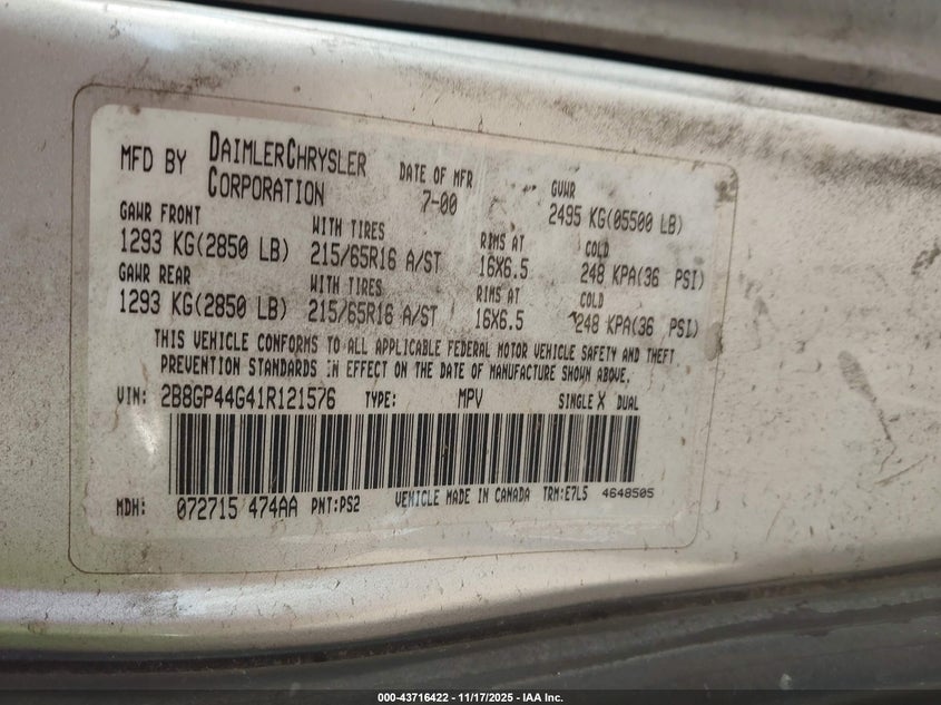 2B8GP44G41R121576 2001 DODGE CARAVAN photo no. 9
