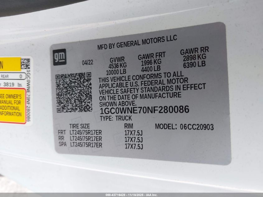 2022 Chevrolet Silverado 2500Hd 2Wd Long Bed Lt VIN: 1GC0WNE70NF280086 Lot: 43716428