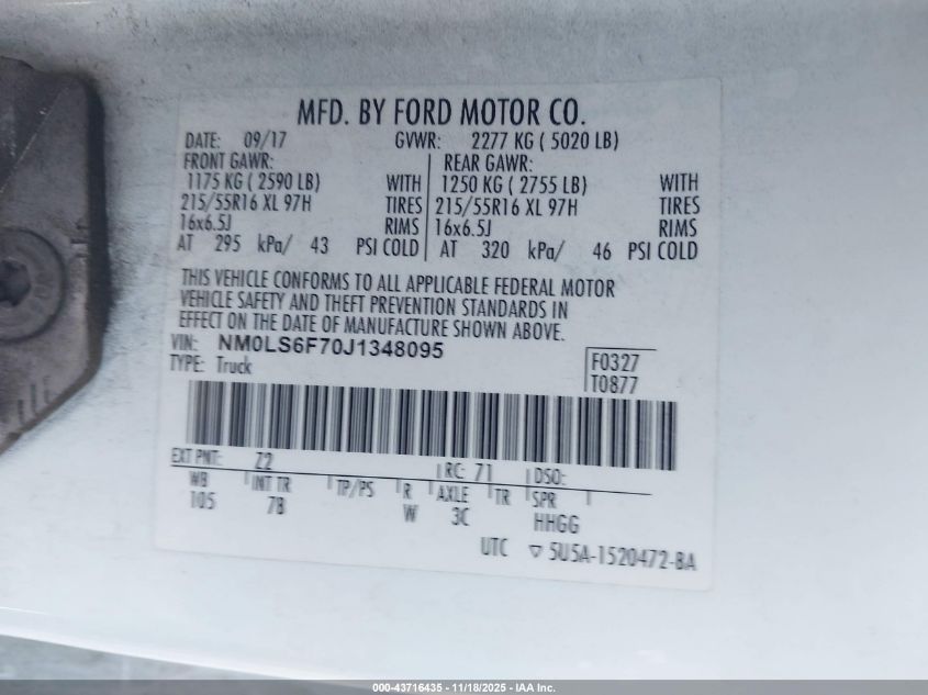 2018 Ford Transit Connect Xlt VIN: NM0LS6F70J1348095 Lot: 43716435