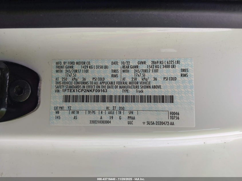 2022 Ford F-150 Xl VIN: 1FTEX1CP2NKF09163 Lot: 43716440