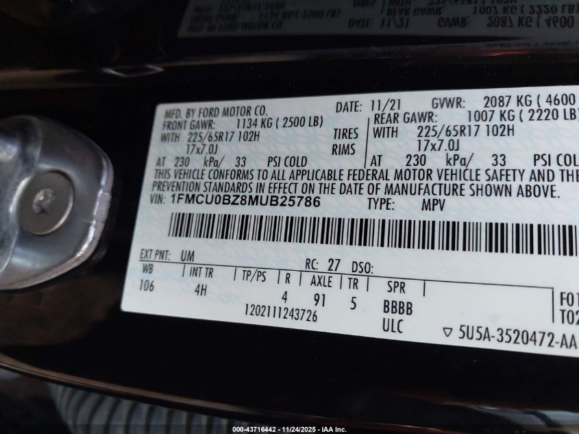2021 Ford Escape Se Hybrid VIN: 1FMCU0BZ8MUB25786 Lot: 43716442