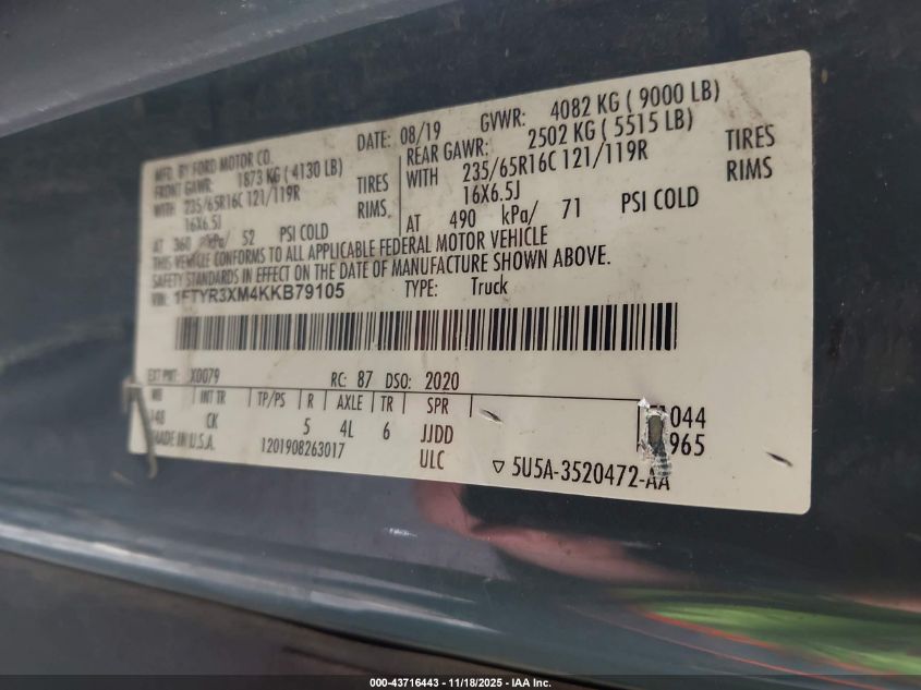 2019 Ford Transit-250 VIN: 1FTYR3XM4KKB79105 Lot: 43716443