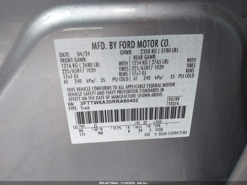 2024 Ford Maverick Xl VIN: 3FTTW8A30RRA80402 Lot: 43716444