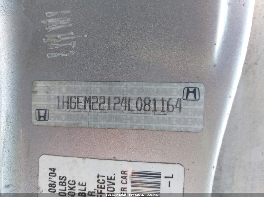 2004 Honda Civic Vp VIN: 1HGEM22124L081164 Lot: 43716462