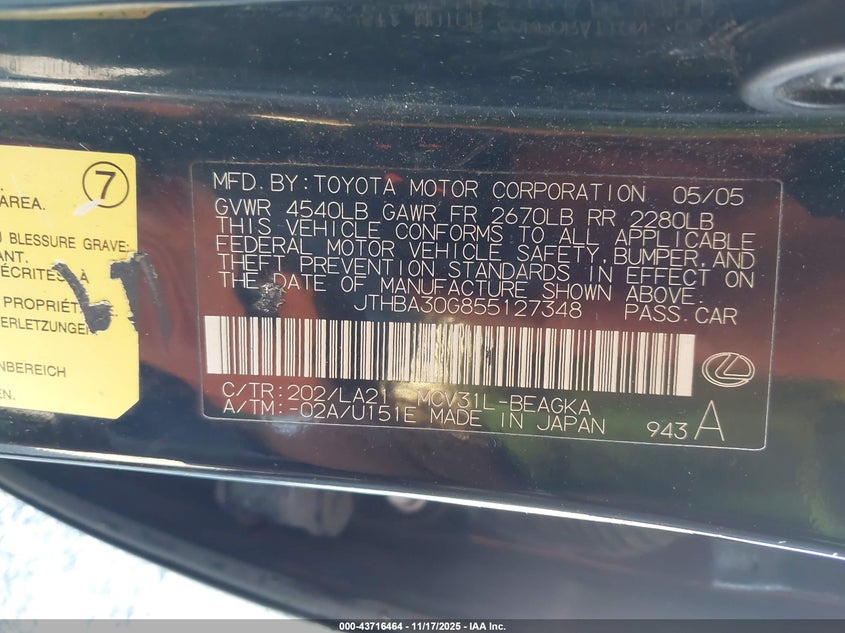 JTHBA30G855127348 2005 LEXUS ES photo no. 9