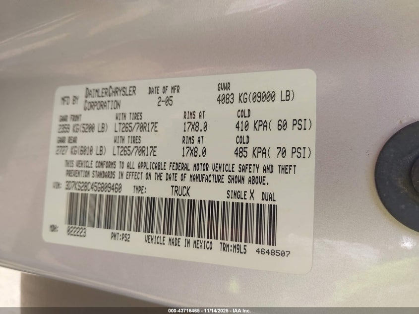 3D7KS28C45G809460 2005 DODGE RAM photo no. 9