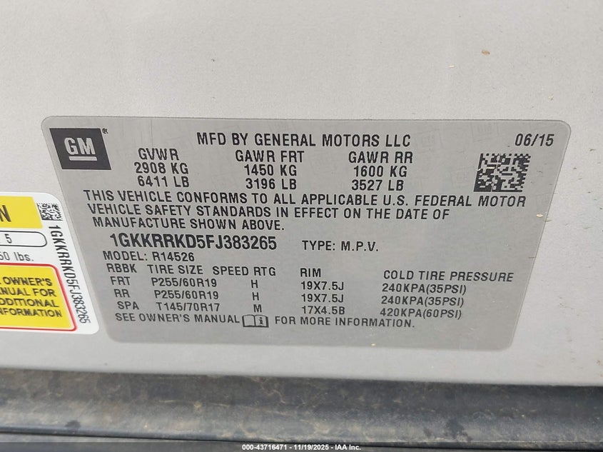 2015 GMC Acadia Slt-1 VIN: 1GKKRRKD5FJ383265 Lot: 43716471