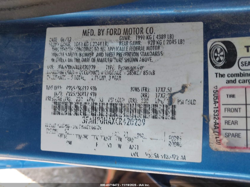 2012 Ford Fusion Se VIN: 3FAHP0HAXCR420239 Lot: 43716472