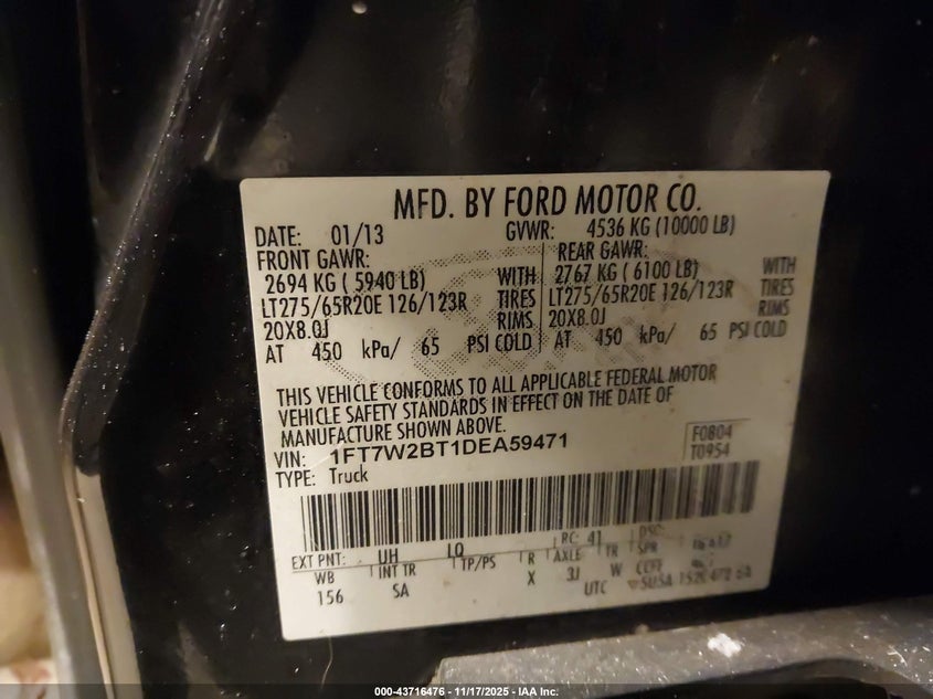 2013 Ford F-250 Lariat VIN: 1FT7W2BT1DEA59471 Lot: 43716476