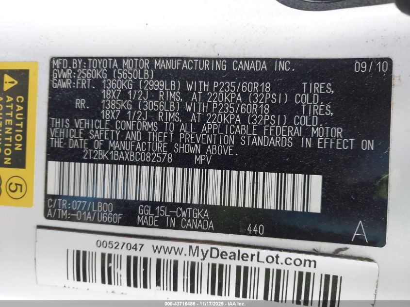 2011 Lexus Rx 350 VIN: 2T2BK1BAXBC082578 Lot: 43716486