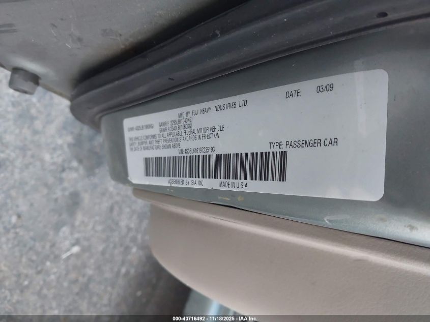 2009 Subaru Legacy 2.5I VIN: 4S3BL616197235193 Lot: 43716492