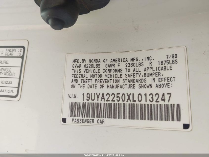 1999 Acura Cl 3.0 VIN: 19UYA2250XL013247 Lot: 43716493