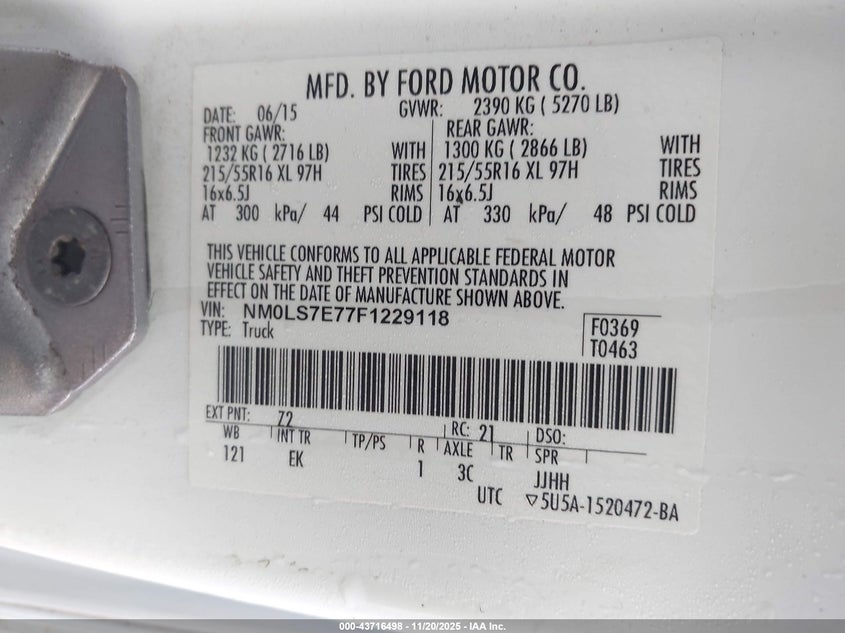 2015 Ford Transit Connect Xl VIN: NM0LS7E77F1229118 Lot: 43716498