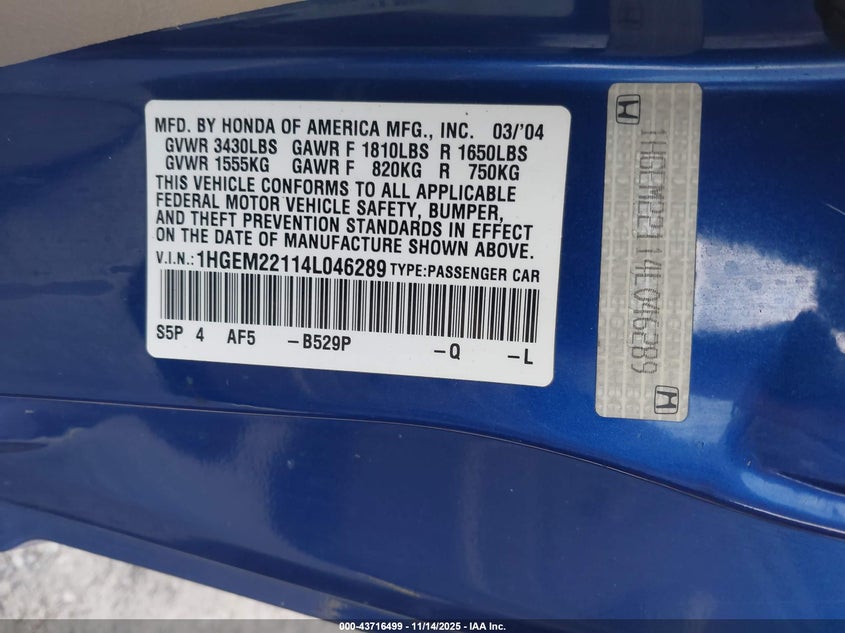 2004 Honda Civic Vp VIN: 1HGEM22114L046289 Lot: 43716499