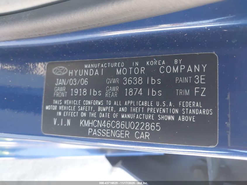 2006 Hyundai Accent Gls VIN: KMHCN46C86U022865 Lot: 43716529
