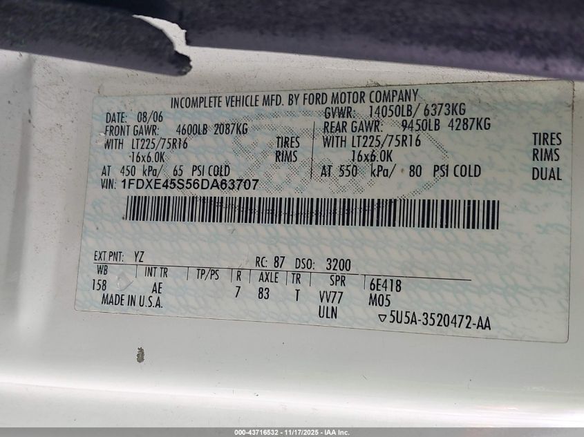 2006 Ford E-450 Cutaway VIN: 1FDXE45S56DA63707 Lot: 43716532