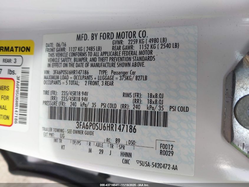 2017 Ford Fusion Energi Titanium VIN: 3FA6P0SU6HR147186 Lot: 43716541