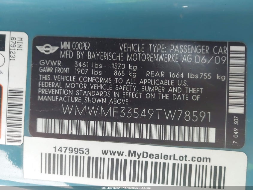 2009 Mini Cooper VIN: WMWMF33549TW78591 Lot: 43716551
