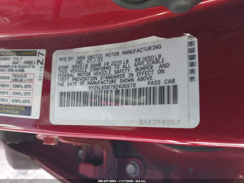 2008 Pontiac Vibe VIN: 5Y2SL65878Z406978 Lot: 43716562