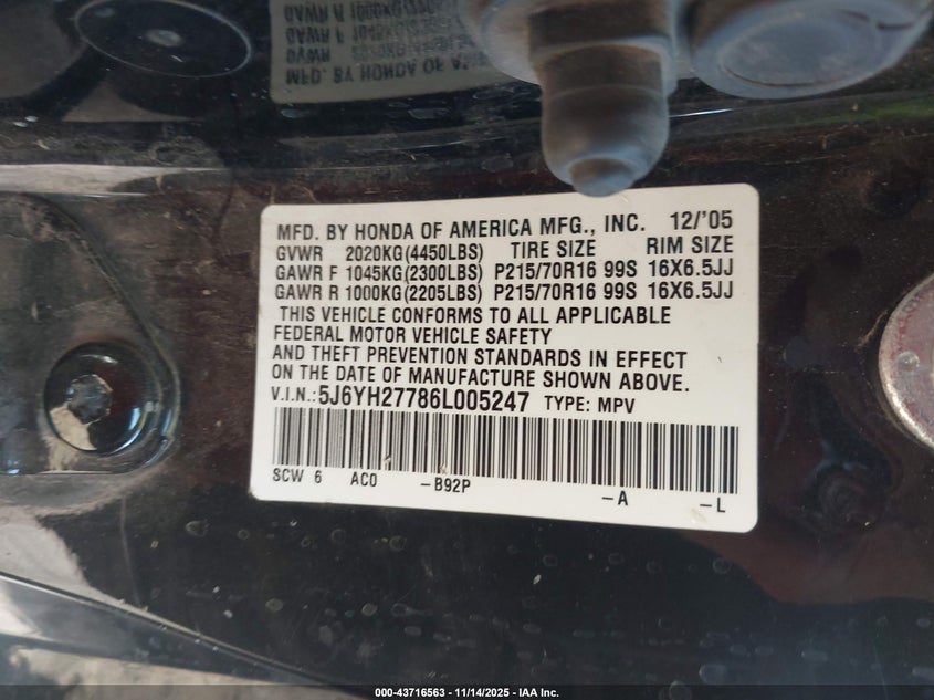 2006 Honda Element Ex-P VIN: 5J6YH27786L005247 Lot: 43716563
