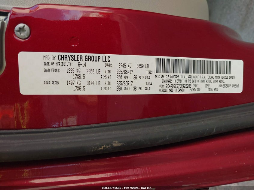 2014 Dodge Grand Caravan Sxt VIN: 2C4RDGCG7ER422289 Lot: 43716565