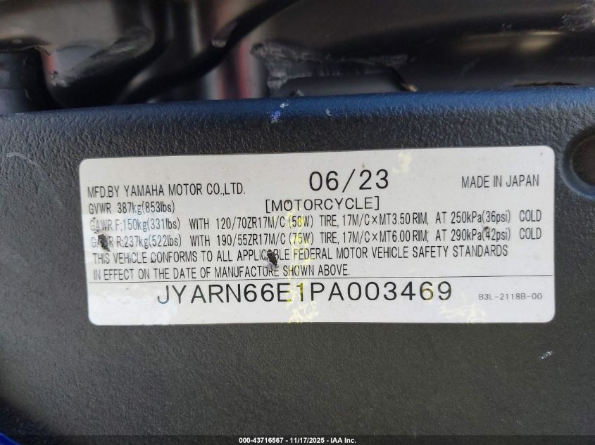 2023 Yamaha Yzfr1 VIN: JYARN66E1PA003469 Lot: 43716567