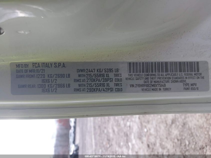 2021 Ram Promaster City Slt VIN: ZFBHRFBB2M6V75149 Lot: 43716570