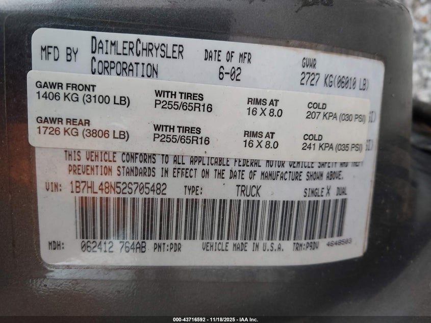 2002 Dodge Dakota Slt VIN: 1B7HL48N52S705482 Lot: 43716592