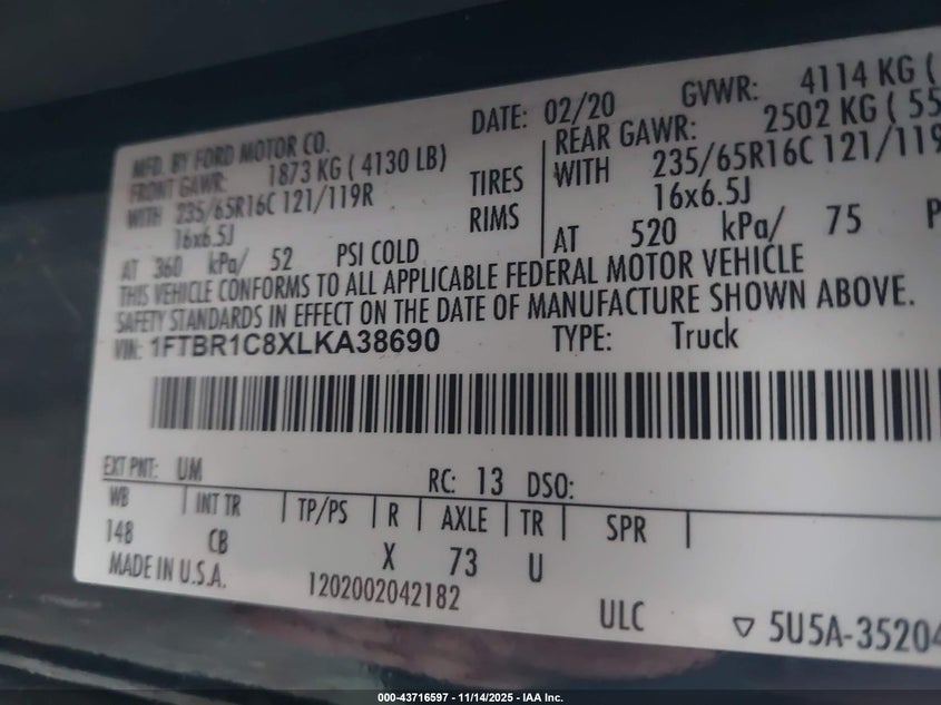 2020 Ford Transit-250 VIN: 1FTBR1C8XLKA38690 Lot: 43716597