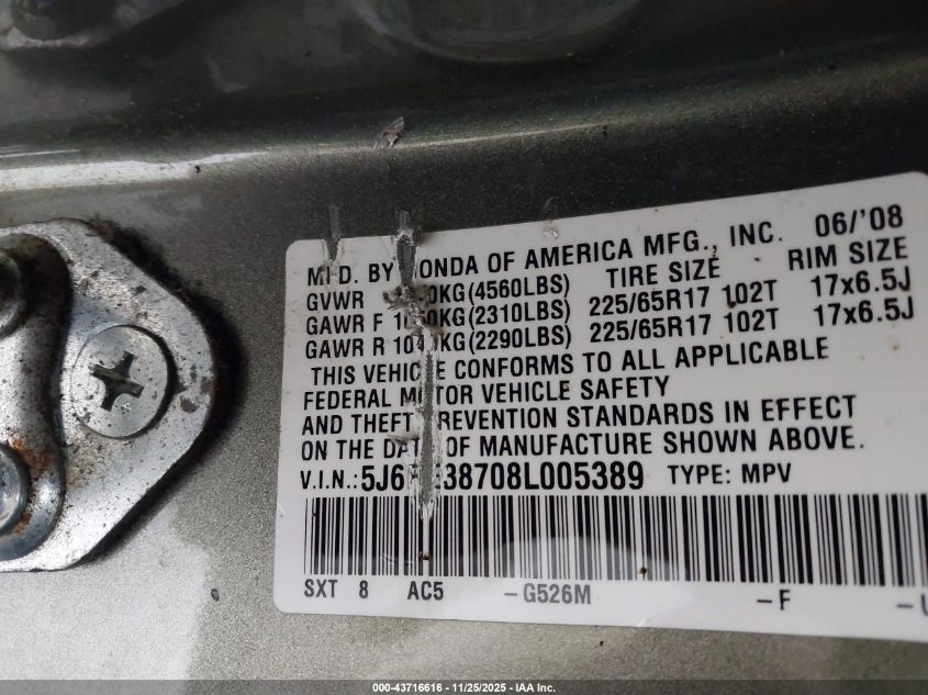 2008 Honda Cr-V Ex-L VIN: 5J6RE38708L005389 Lot: 43716616